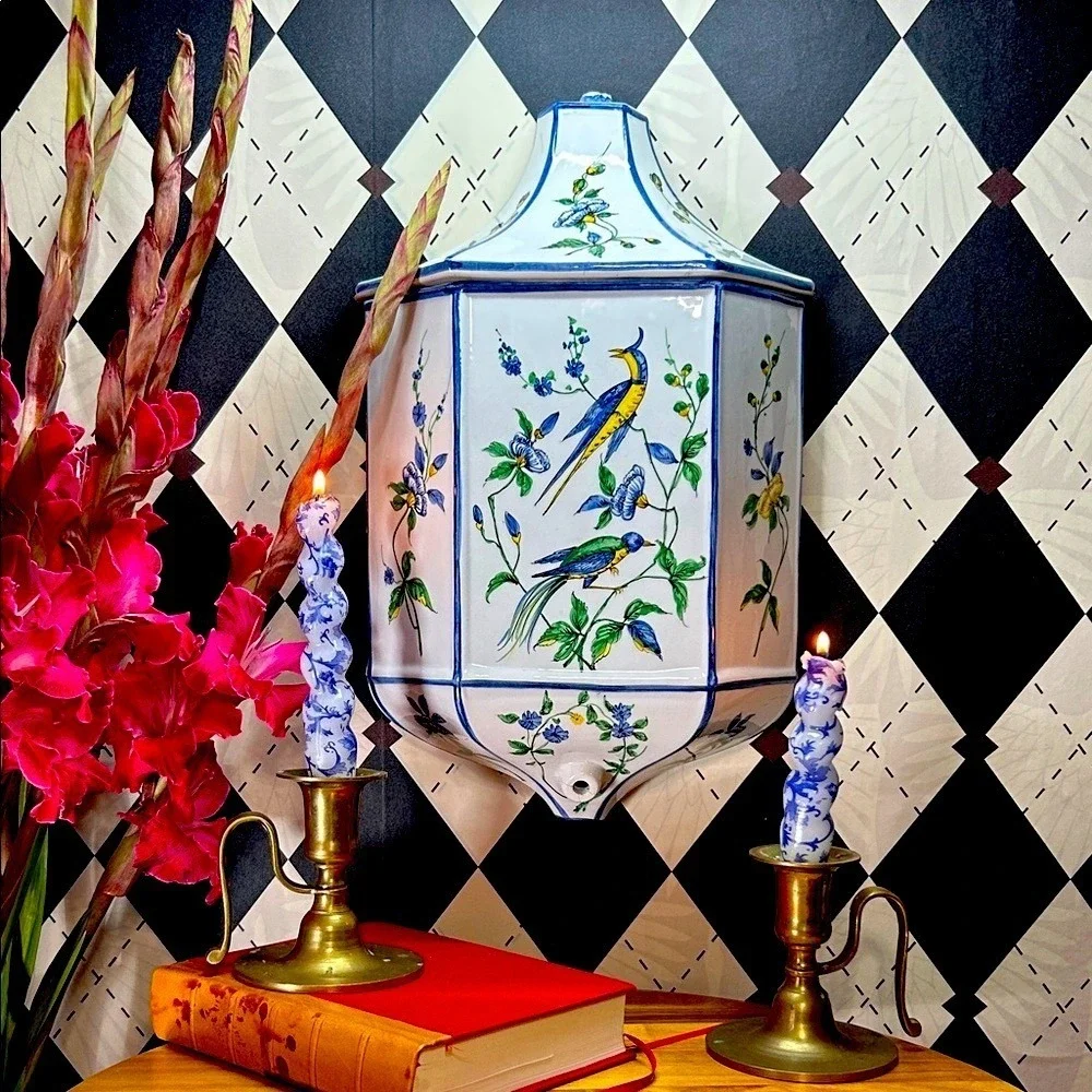 Chinoiserie 15" Wall‎ Pocket Ceramic Phoenix & Birds & Florals Hand-Painted VTG - Picture 9 of 16